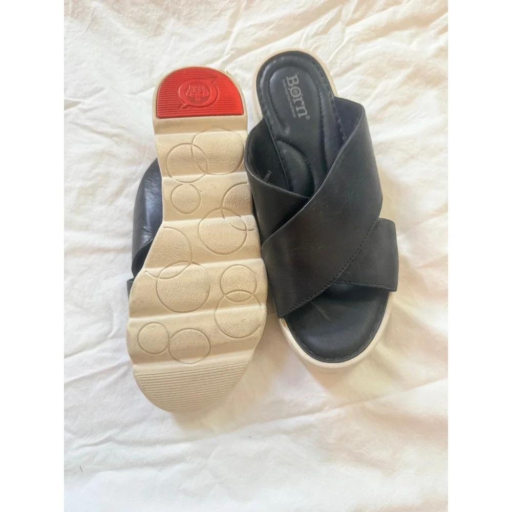 Born Black Leather‎ Crisscross Platform Slide Sandals BR0004803 Women 8M